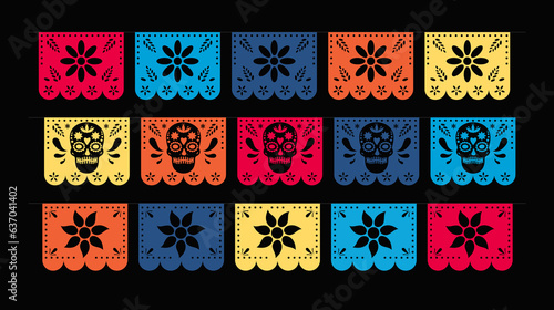 The day of the dead. Papel picado mexican holiday flags. Paper cut banners. 