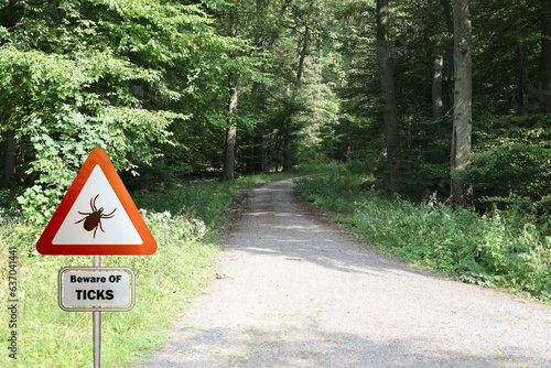 Warning sign for infected ticks in a forest. Risk of tick and Lyme disease.
 photo