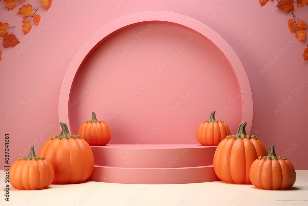 Obraz premium Round Plaster Podium 3D Halloween Presentation Decor for Holiday Marketing Pink Pastel Background