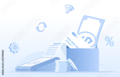 Easy payment concept. Elements of EDC machine, NFC (Near field communication), E-commerce, money transfer, currency exchange, digital wallet. Flat vector design illustration.