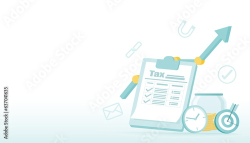 Payment tax concept. Tax calculate, tax return, deduction, payment, filling form and apply submit annual process. Financial accounting records, report earning and VAT management. Vector illustration.