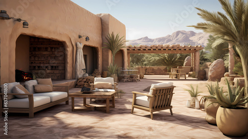 outdoor patio with sand-colored tiles
