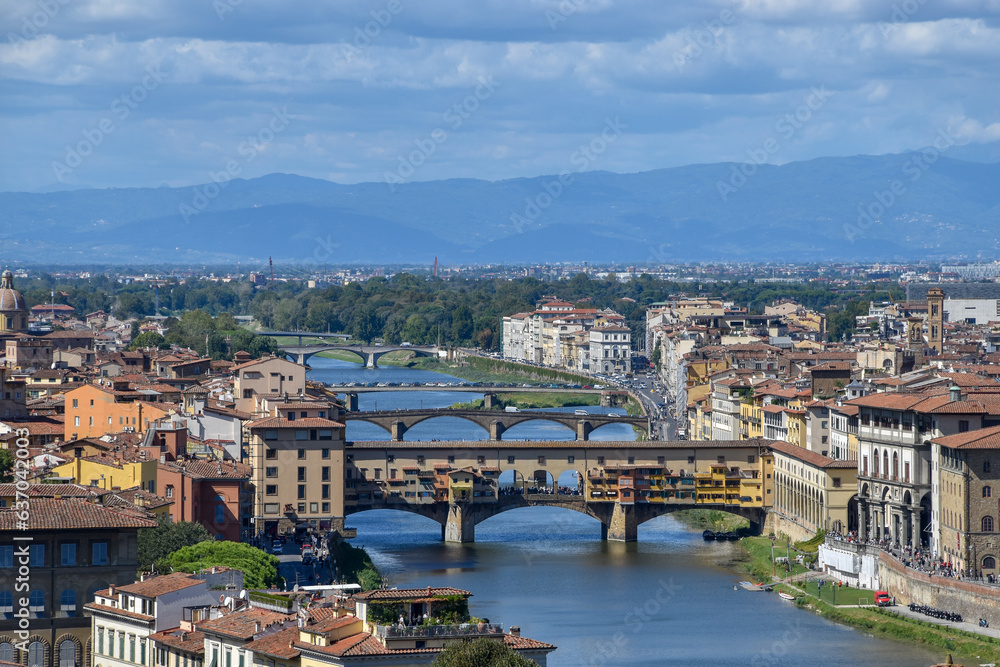 Bridges over the Arno River, which divides Florence into two parts. The first bridge is the Old Bridge, Ponte Vecchio.