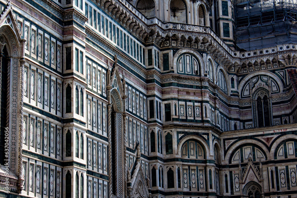 The intricate detailing of Florence Cathedral's facade is a symphony of marble patterns and Renaissance design, capturing the essence of Italian artistry and craftsmanship.