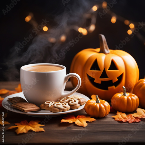 Halloween pumpkin and cup of coffee