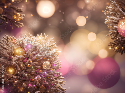 Christmas background with snow  shiny balls and fir branches. AI 