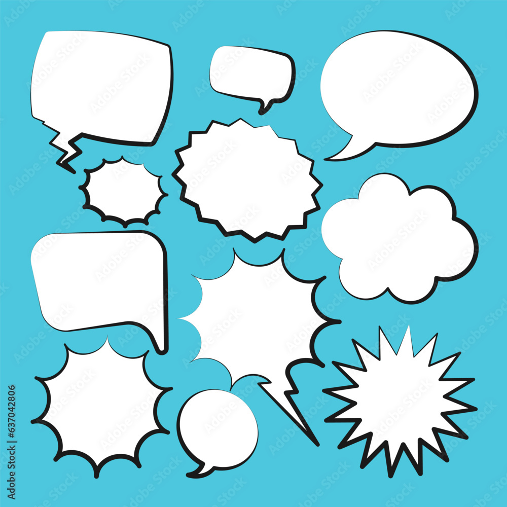 Comic speech bubbles. Outline, hand drawn retro cartoon stickers on blue background. Chatting and communication, dialog elements. Pop art style. Vector illustration Comic speech bubbles. Outline, hand drawn retro cartoon stickers on blue background. Chatting and communication, dialog elements. Pop art style. Vector illustration
