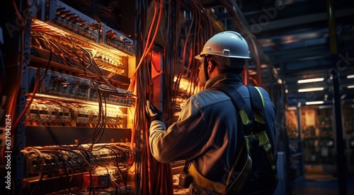 electrican working in a factory  worker with helmet  electrical worker in action