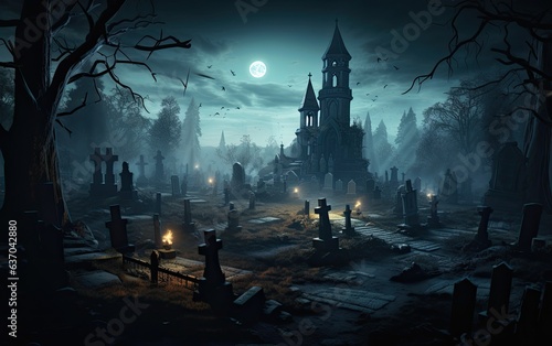 Halloween night scene with cemetery and moon