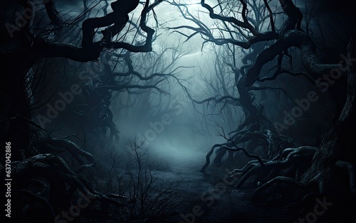 Spooky Halloween background with dark tangled trees and fog