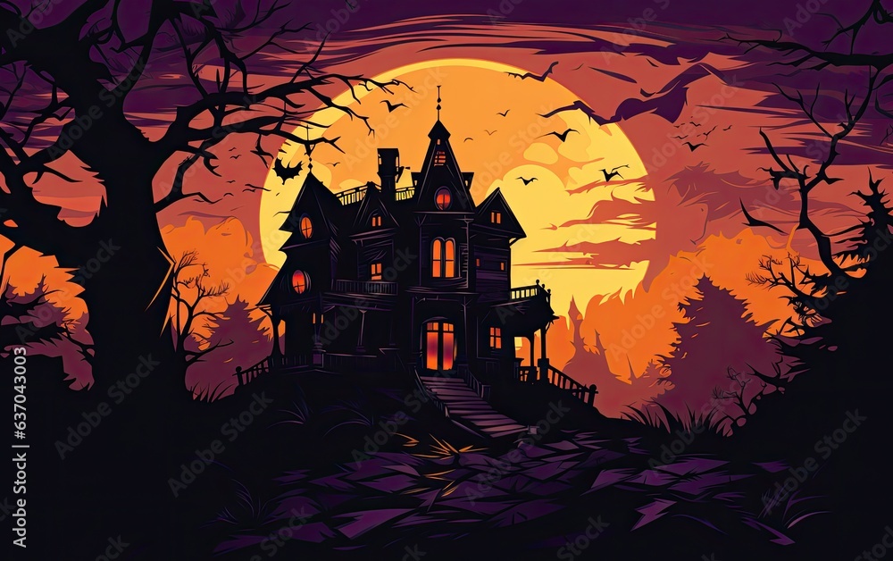 Halloween illustration of a big spooky mansion against a deep purple and orange sky