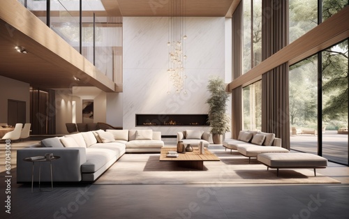 Modern white interior with sofa, and big windows © AZ Studio