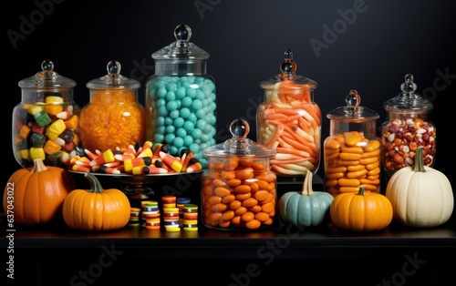 Halloween pumpkins and colorful candies in jars displayed on a dark background