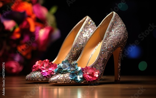 Glittery high-hill shoes on a dark background