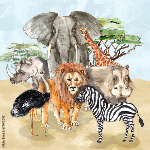 Photography Safari African animals portrait watercolor illustration