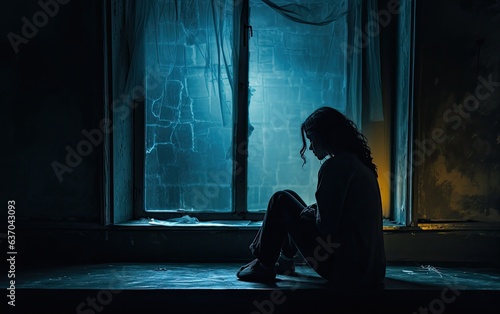 Woman sitting by window in the dark room alone. A person going through depression.