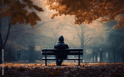 Print op canvas Person sitting alone in a bench in a park in autumn time