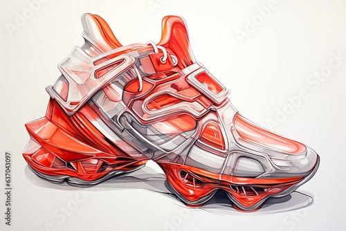 Sketch of shoes, pencil drawing ,dynamic style red futuristic sneakers