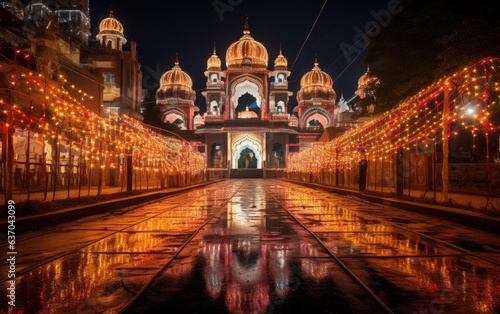 The temple is illuminated with colorful lights, evoking the spiritual significance and reverence of Diwali