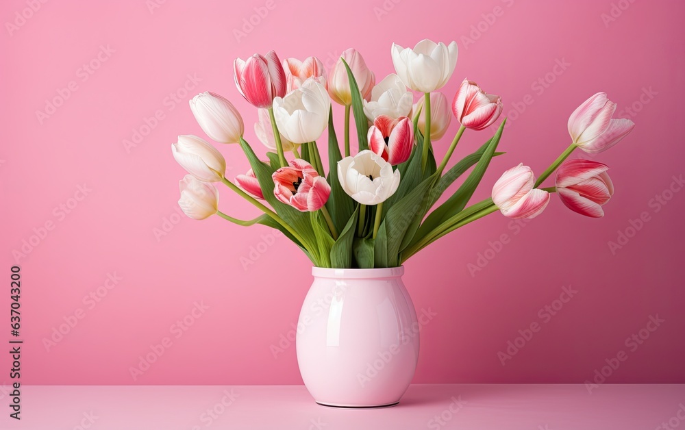 Tulip flowers in a vase isolated on a pastel pink background	