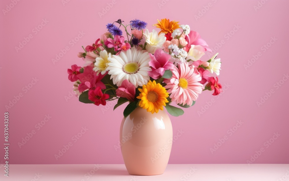 Flowers in a vase isolated on a pastel pink background Flowers in a vase isolated on a pastel pink background