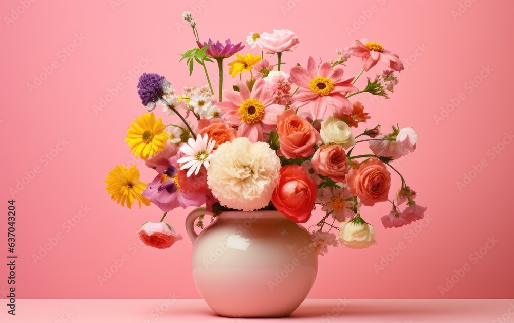 Flowers in a vase isolated on a pastel pink background