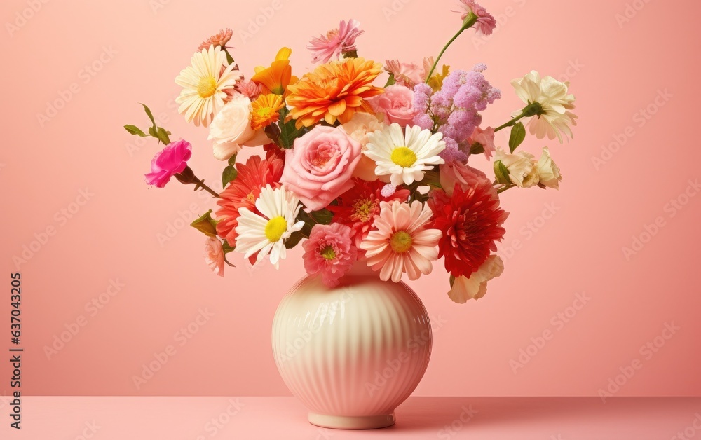 Flowers in a vase isolated on a pastel pink background