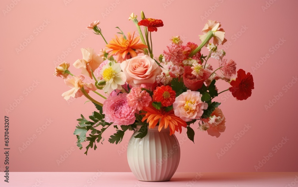 Flowers in a vase isolated on a pastel pink background Flowers in a vase isolated on a pastel pink background