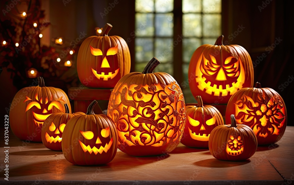 Fototapeta premium Carved Halloween pumpkins with lights on a wooden surface