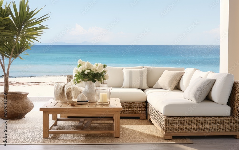 Coastal interior sitting area with wooden furniture and decor