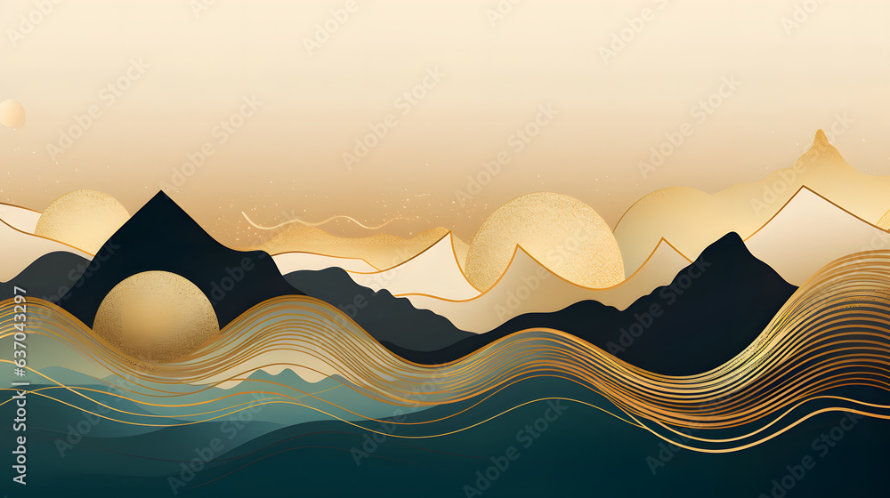 Gold mountain wallpaper design with landscape line arts, Golden luxury background design for cover, invitation background, packaging design, wall arts, fabric, and print. Vector illustration.