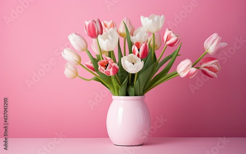 Tulip flowers in a vase isolated on a pastel pink background  © AZ Studio