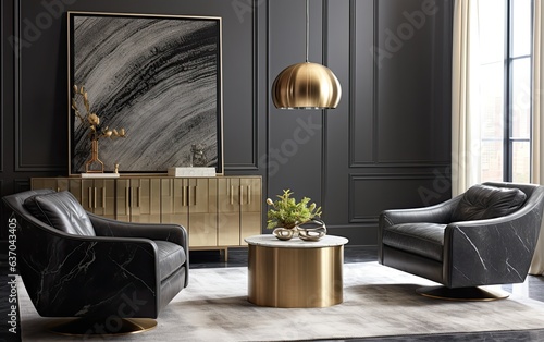 Black and gold luxury living room with armchairs, coffee table, and credenza photo