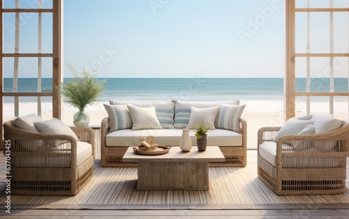Coastal interior sitting area with wooden furniture and decor © AZ Studio