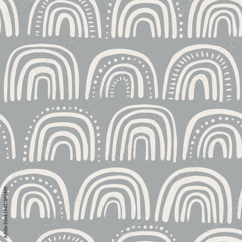 Hand drawn doodle rainbows pattern, neutral tones graphics, gray wallpaper. Cute decor illustration for kids, posters, cards, nursery, apparel, scrapbooking.