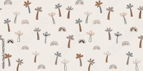 African doodle palms trees and rainbows, nature seamless wallpaper. Cute childish pattern for stationery, posters, cards, nursery, apparel, scrapbooking.