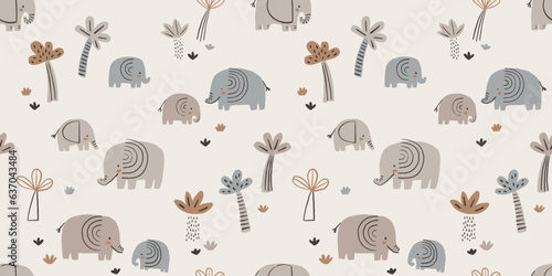 Hand drawn doodle elephants and palms trees. Savanna seamless wallpaper. Cute childish safari pattern for stationery, posters, cards, nursery, apparel, scrapbooking.