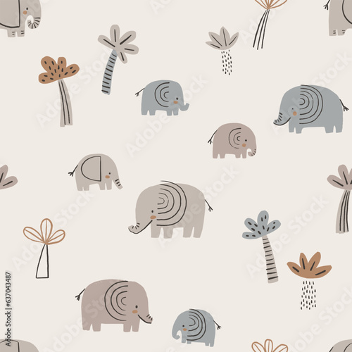 Hand drawn doodle elephants and palms trees. Colorful savanna seamless pattern. Cute childish safari pattern for stationery, posters, cards, nursery, apparel, scrapbooking.
