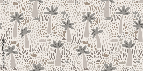 Hand drawn doodle palms trees, savanna grass. Wild forest botanical pattern for stationery, posters, cards, nursery, apparel, scrapbooking.