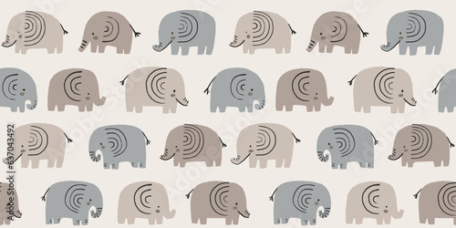 Hand drawn doodle elephants, seamless wallpaper. Cute pastel childish decor illustration, posters, cards, nursery, apparel, scrapbooking.