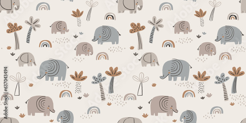 Doodle savanna landscape. Elephants, rainbows and palms trees. Safari seamless wallpaper. Cute childish safari pattern for stationery, posters, cards, nursery, apparel, scrapbooking. © mgdrachal