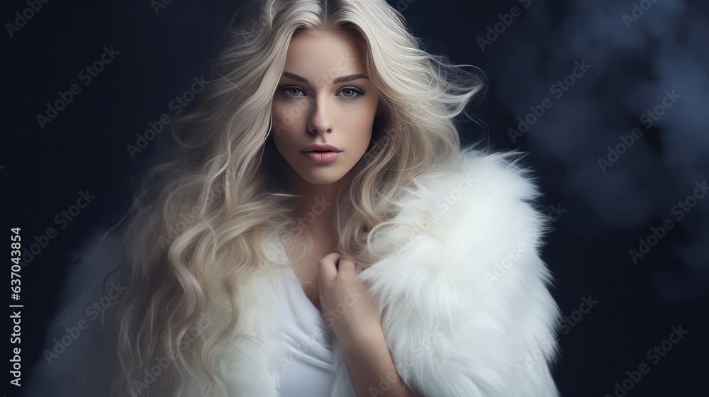 Beauty of a beautiful woman with long hair, white fur coat with long faux fur