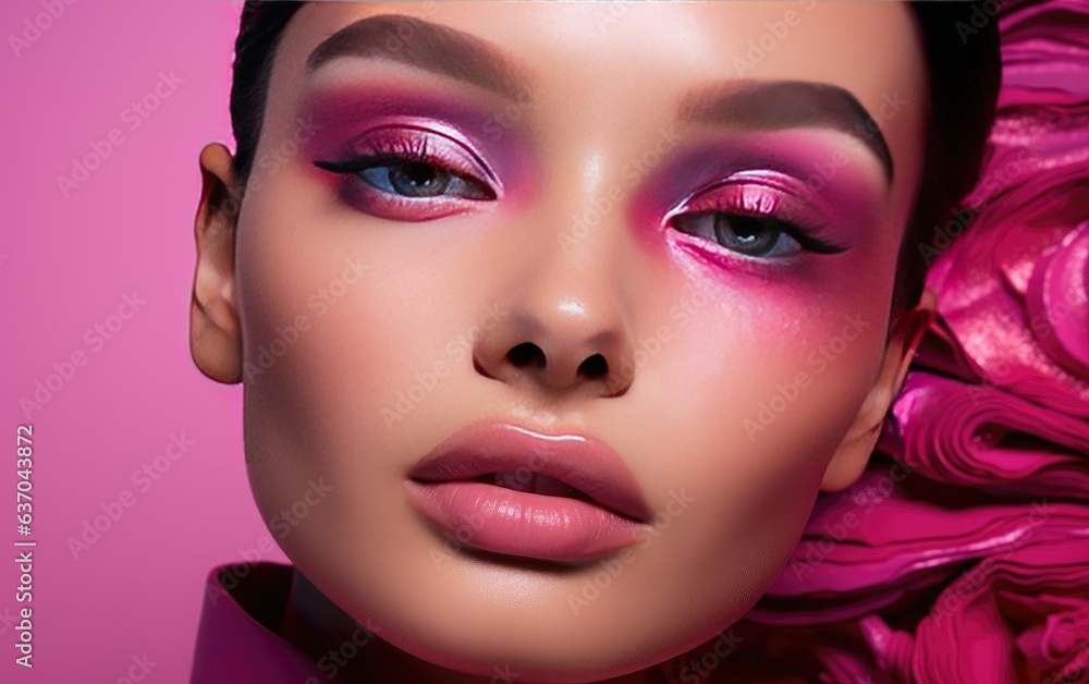 Portrait of a beautiful young woman wearing pink makeup on a pink background Portrait of a beautiful young woman wearing pink makeup on a pink background
