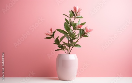 Pink flower with leaves in a pot isolated on a pink background