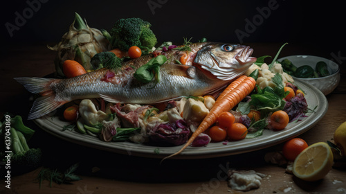a white plate topped with fish covered in veggies. © Matthew