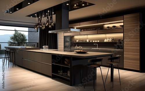 Modern black kitchen interior with cabinets and chairs