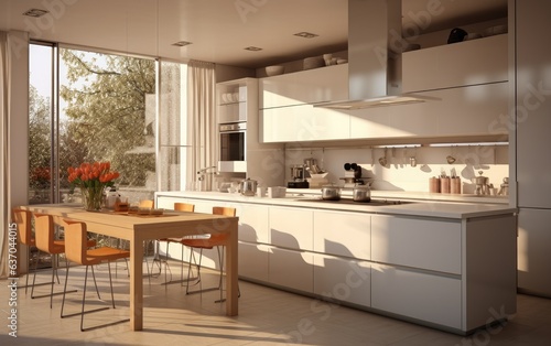 Modern white kitchen interior with cabinets and a table