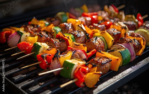 Shish kebab on skewers with meat and vegetables