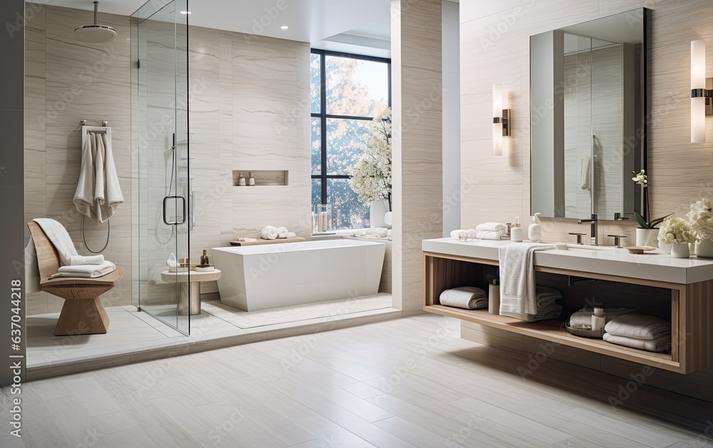 Modern bathroom with bathtub, shower, and sink Modern bathroom with bathtub, shower, and sink