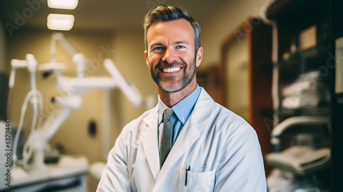 Dentiste homme en blouse blanche, évoluant dans l'univers dentaire, détails précis et ambiance clinique épurée, capturée avec une clarté exceptionnelle